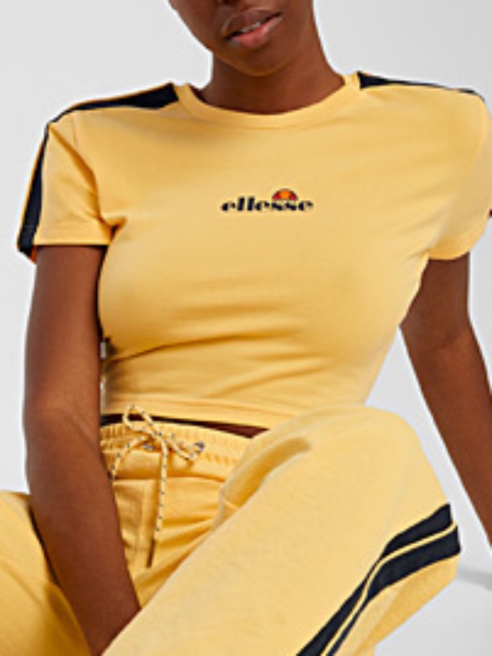Ellesse yellow accent stripes logo crop t-shirt NWT